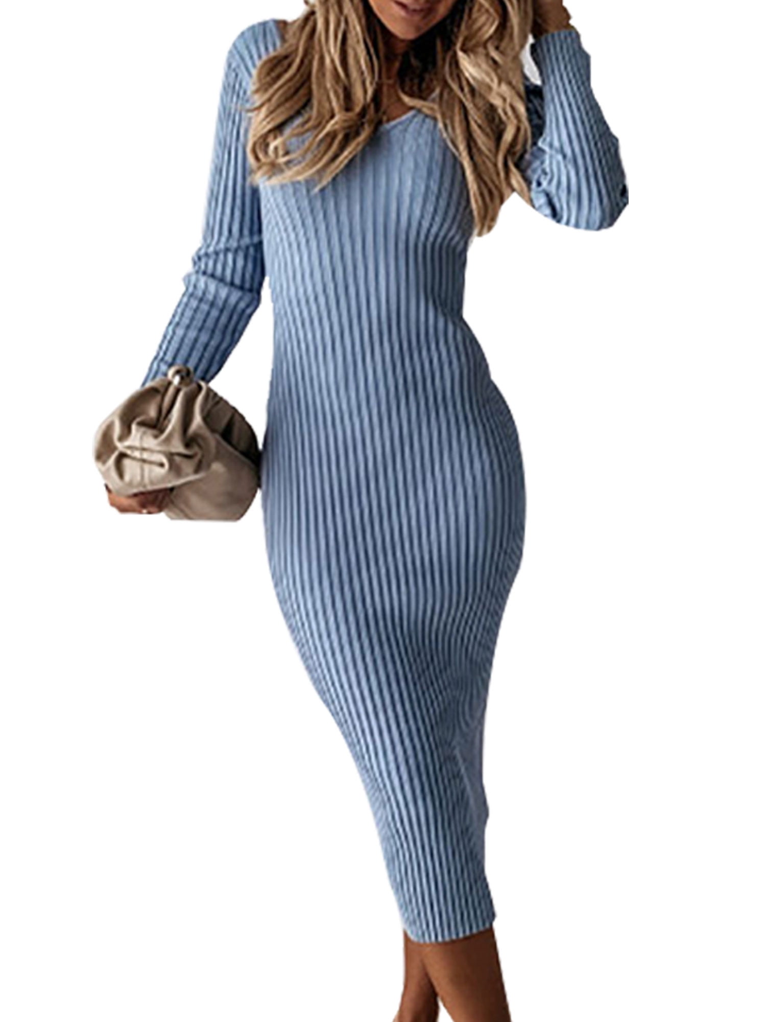 Casual Ribbed Knit Dress Low-cut V-neck ...